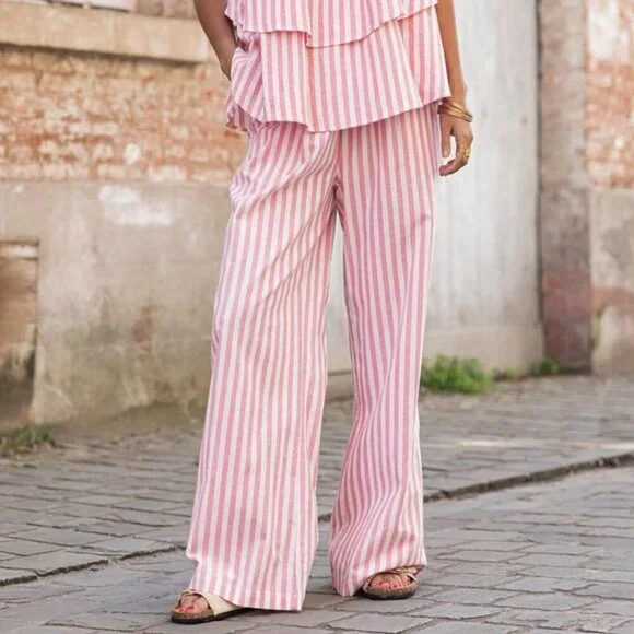 Pink & White Stripes Casual Women's Loose Layered Blouse & Wide legged pants set
